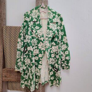 Merona Trench Coat: Retro 60s Floral, Vintage-Inspired, Green/White, Belted - M